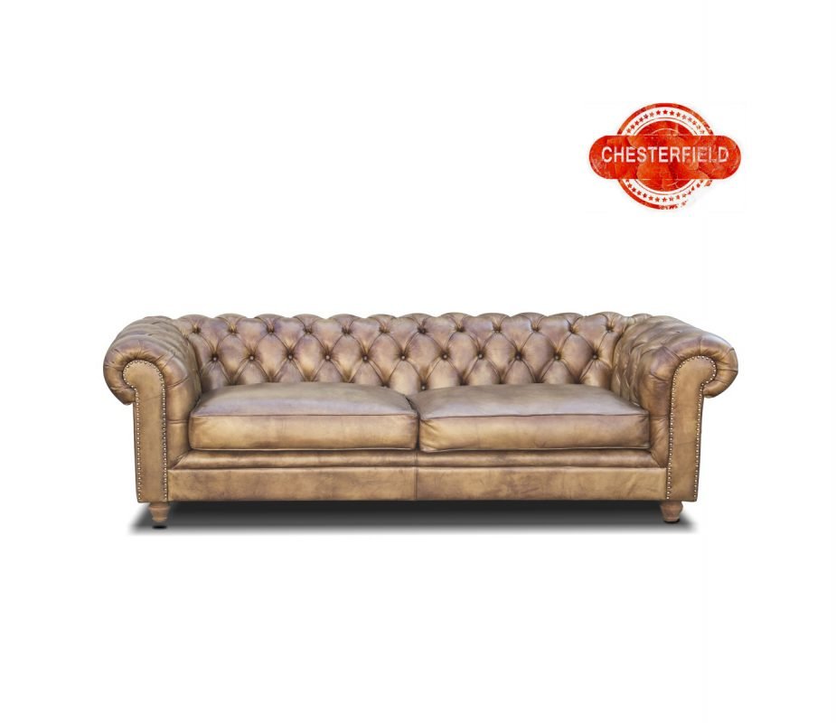canapea chesterfield piele naturala aurie