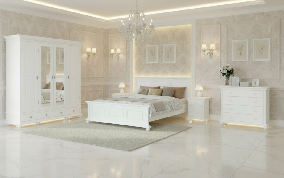 Dormitor alb clasic din lemn masiv Bari, mobilier Decoco